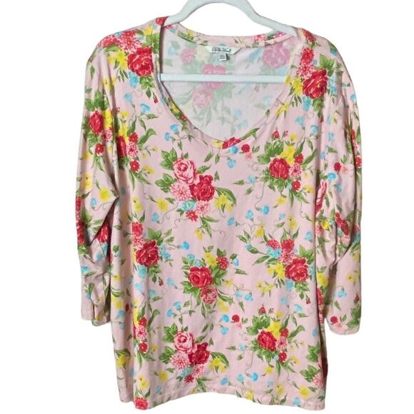 The Pioneer Woman Wm’s Sz XXL Pink Rose Design V Neck Pull Over Shirt Blouse - Picture 1 of 4